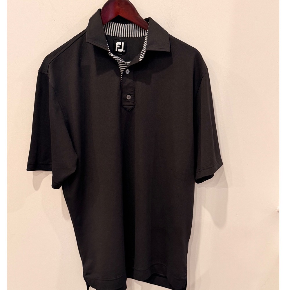 FootJoy Mens Lisle Golf Polo Shirt Black Striped Collar Short Sleeve 20612 M